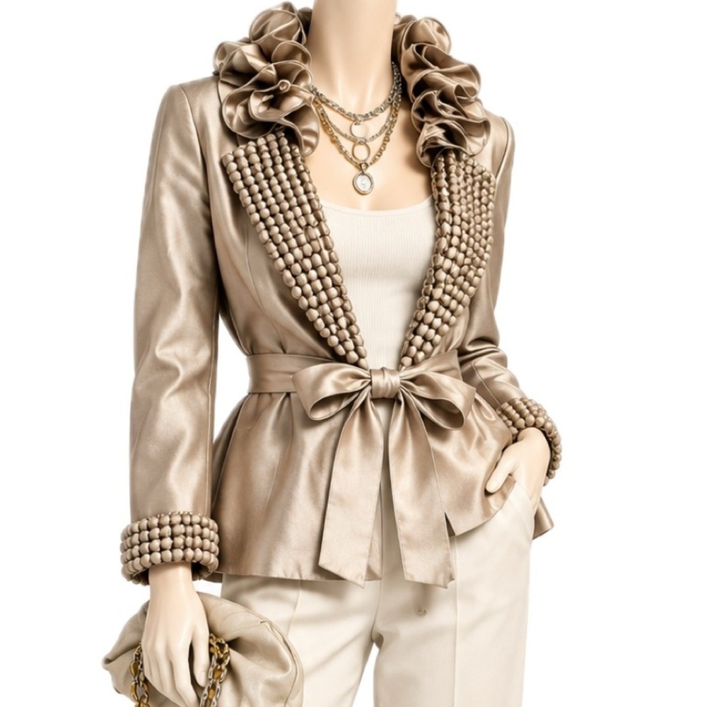 SERAFINA *NWT* Metallic Champagne Cocktail Evening Ruffle Collar Blazer | Sz 16